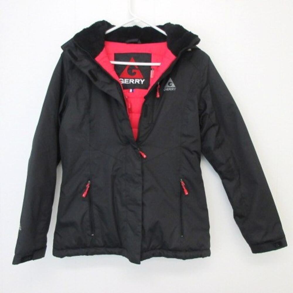 Gerry Women's Size Small Quilted Ski Jacket Removable Hood Black Pink Zip Up EUC